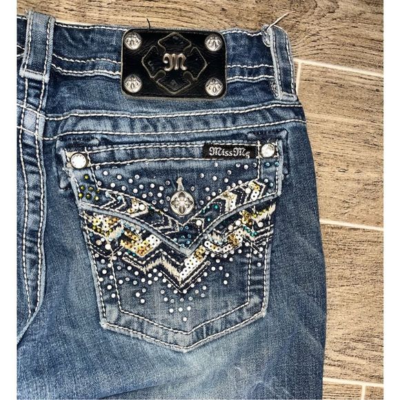 Miss Me Denim - Miss Me Jeans sequin pockets blue green stone's signature ride boot sz 30
